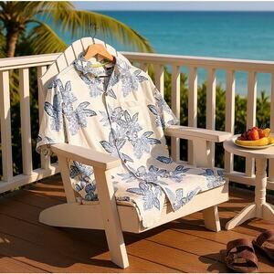 TOMMY BAHAMA 100% Silk Hawaiian Floral Camp Shirt Beige Blue Vacation Mens Large